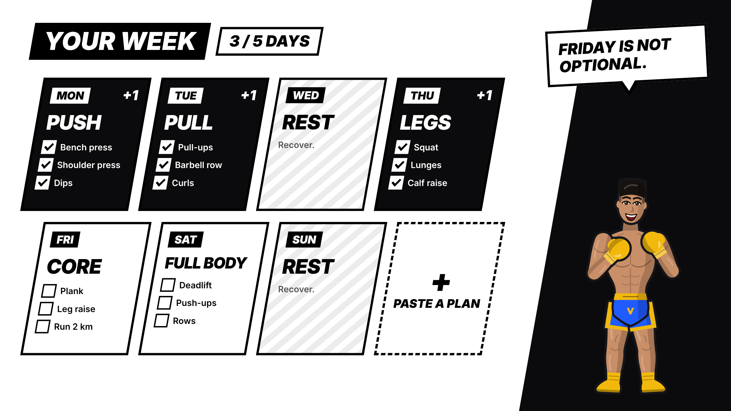 Archrival weekly plan screen showing Mon–Sun workout days with exercises checked off